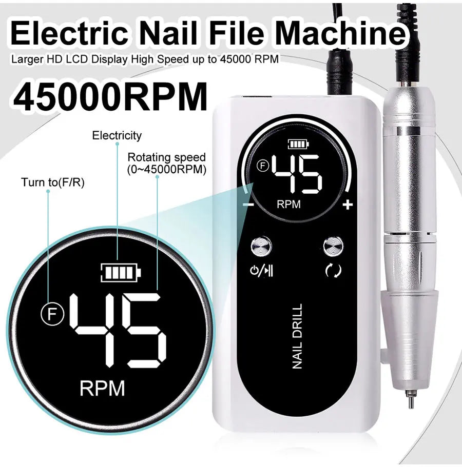 45000RPM Rechargeable Nail Drill Machine with LCD Low Noise Professional Nail Polish Sander Nails Accessories Set