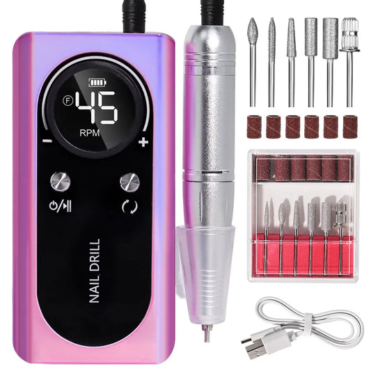 45000RPM Rechargeable Nail Drill Machine with LCD Low Noise Professional Nail Polish Sander Nails Accessories Set