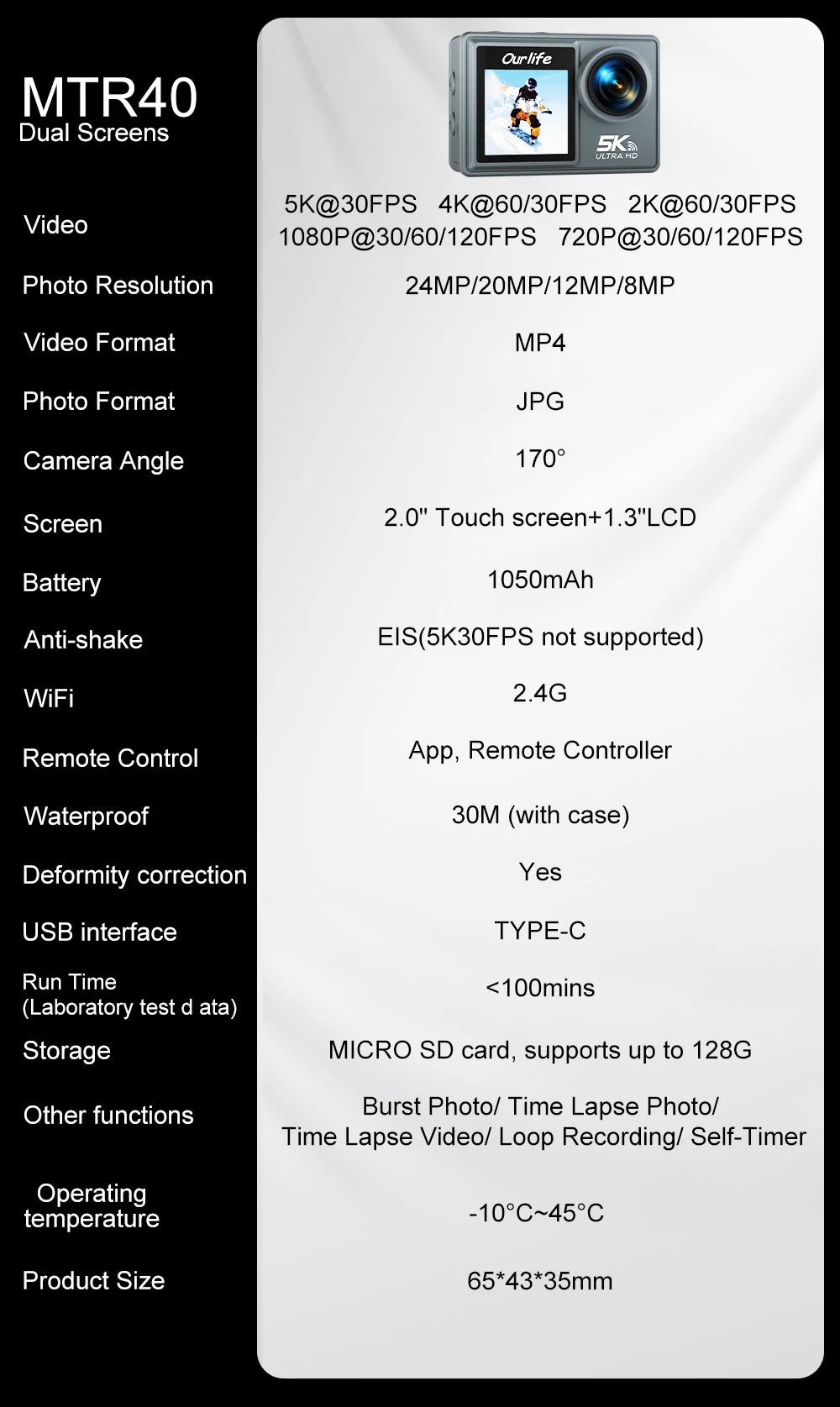 Ourlife MTR40 5K Action Camera 2.0" IPS Touch Screen 5X Zoom Action Cam WiFi EIS 170° 30M Waterproof Professional Sports Camera