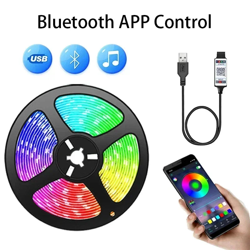 Bluetooth USB 5V RGB LED Strip Light 5050 Controller 5M Flexible Diode Lamp Tape Lights TV Background Lighting Desk Room Decor