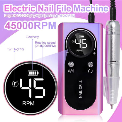 45000RPM Rechargeable Nail Drill Machine with LCD Low Noise Professional Nail Polish Sander Nails Accessories Set