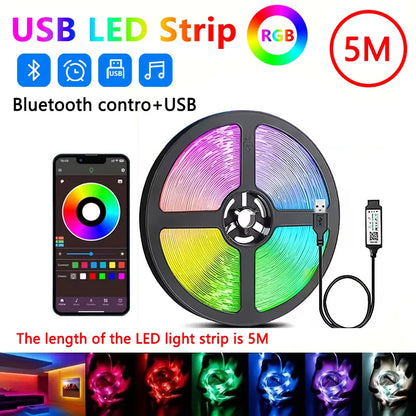 Bluetooth USB 5V RGB LED Strip Light 5050 Controller 5M Flexible Diode Lamp Tape Lights TV Background Lighting Desk Room Decor