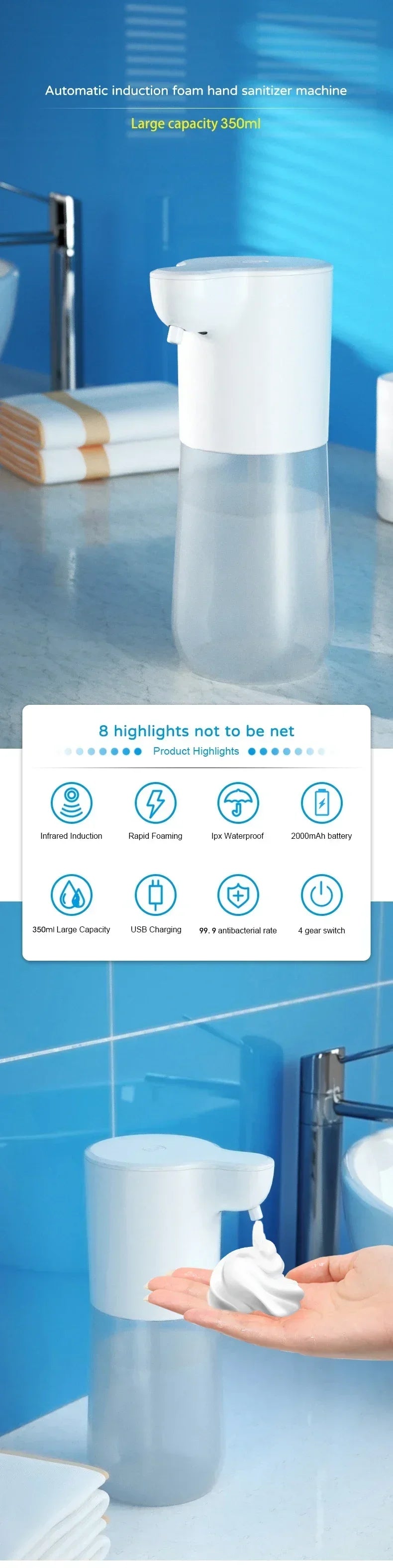 Automatic Soap Dispenser Soap Foam Dispenser Smart Sensor Soap Dispenser Contactless USB Charging 350ml Hand Sanitizer Machine