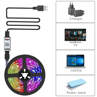 Bluetooth USB 5V RGB LED Strip Light 5050 Controller 5M Flexible Diode Lamp Tape Lights TV Background Lighting Desk Room Decor