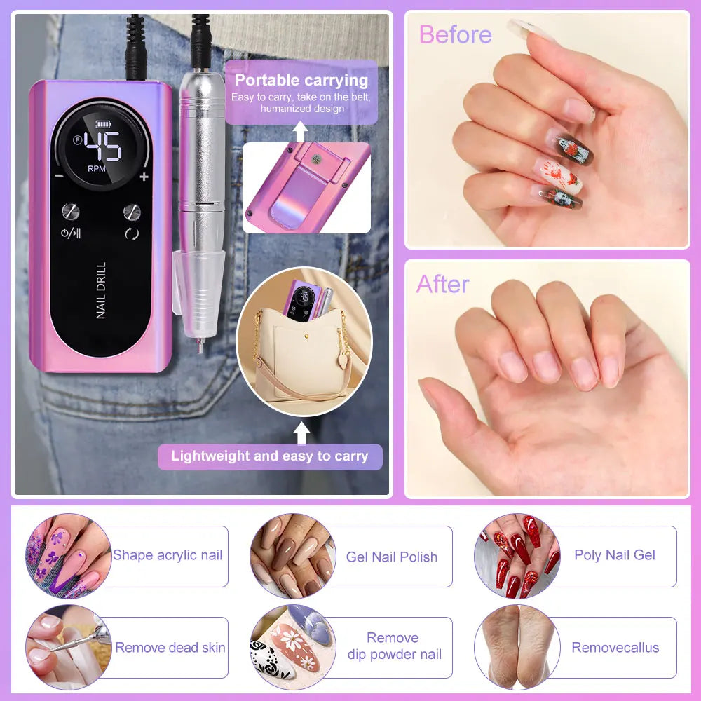 45000RPM Rechargeable Nail Drill Machine with LCD Low Noise Professional Nail Polish Sander Nails Accessories Set