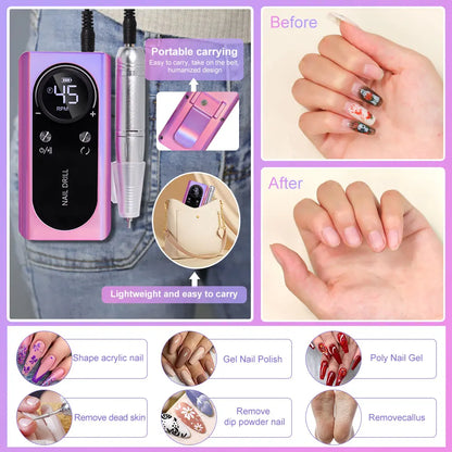45000RPM Rechargeable Nail Drill Machine with LCD Low Noise Professional Nail Polish Sander Nails Accessories Set