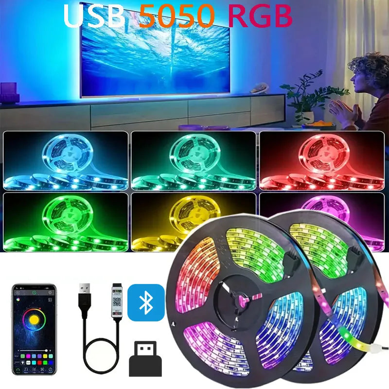 Bluetooth USB 5V RGB LED Strip Light 5050 Controller 5M Flexible Diode Lamp Tape Lights TV Background Lighting Desk Room Decor