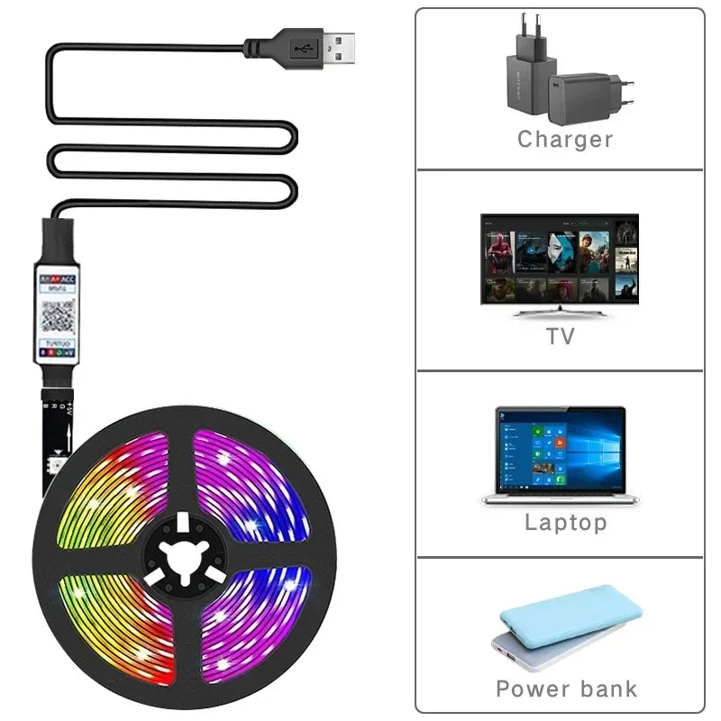 Bluetooth USB 5V RGB LED Strip Light 5050 Controller 5M Flexible Diode Lamp Tape Lights TV Background Lighting Desk Room Decor
