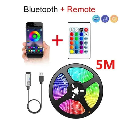 Bluetooth USB 5V RGB LED Strip Light 5050 Controller 5M Flexible Diode Lamp Tape Lights TV Background Lighting Desk Room Decor