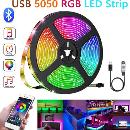 Bluetooth USB 5V RGB LED Strip Light 5050 Controller 5M Flexible Diode Lamp Tape Lights TV Background Lighting Desk Room Decor