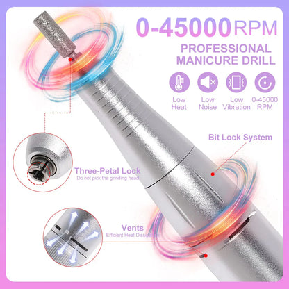 45000RPM Rechargeable Nail Drill Machine with LCD Low Noise Professional Nail Polish Sander Nails Accessories Set