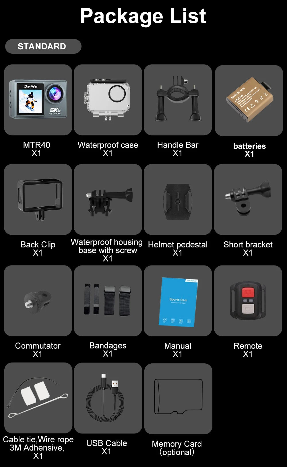 Ourlife MTR40 5K Action Camera 2.0" IPS Touch Screen 5X Zoom Action Cam WiFi EIS 170° 30M Waterproof Professional Sports Camera